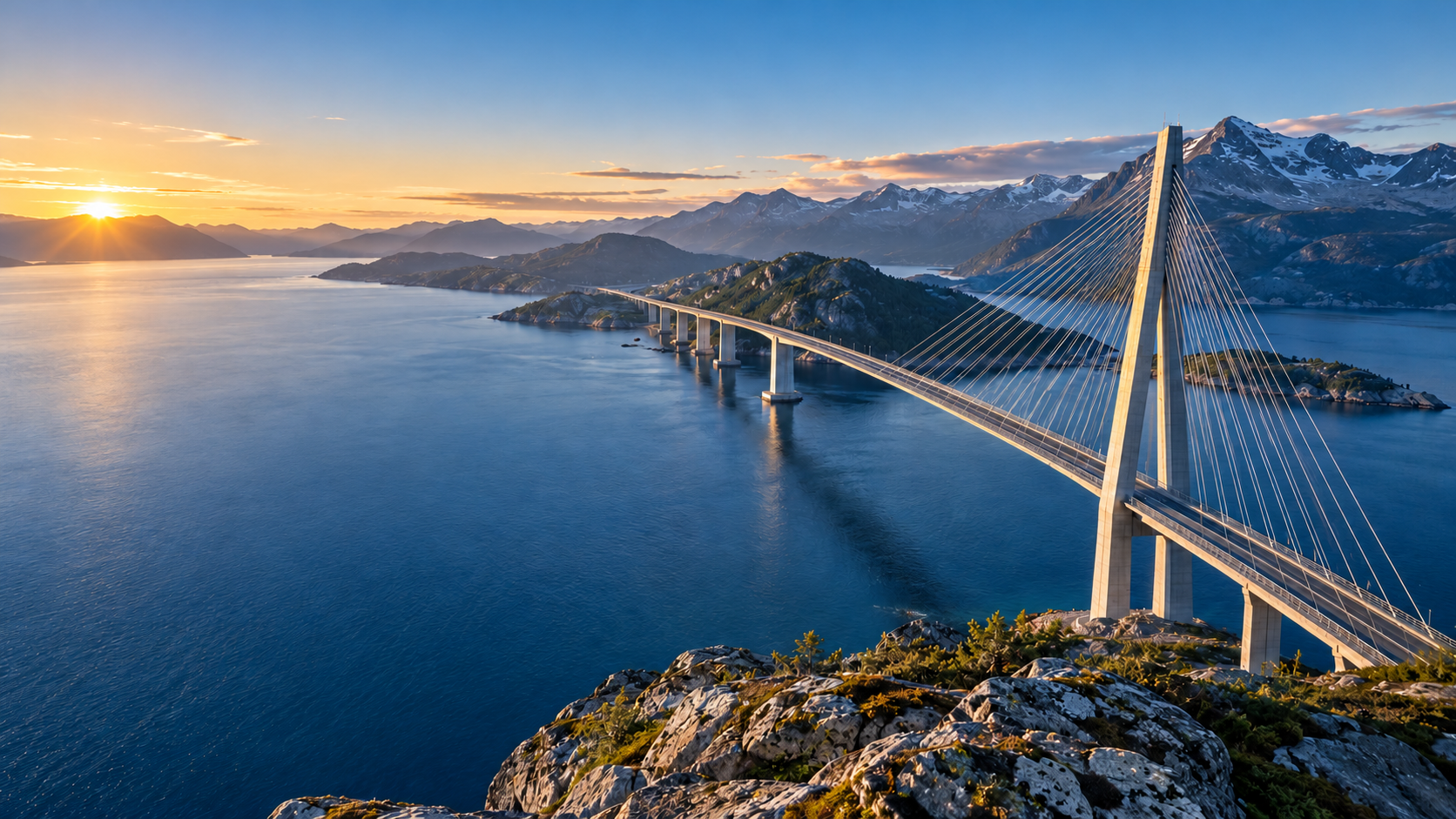 A completed cable-stayed bridge crosses an expansive blue fjord beneath mountain peaks in morning light.